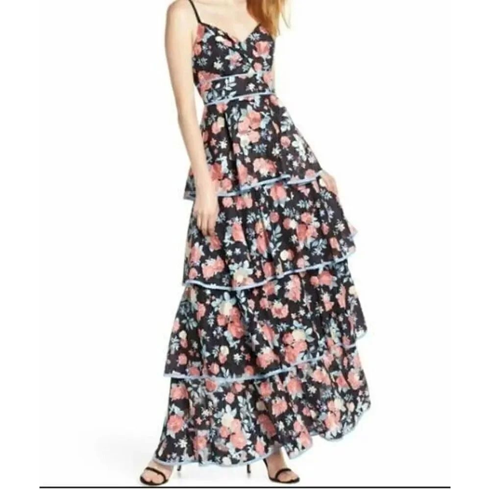 NWT Foxiedox Darlene Ruffle Tiered Floral Print Keyhole Bodice Maxi Formal Dress